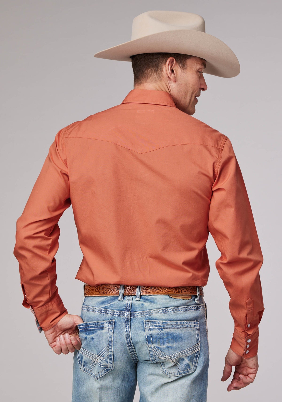 Roper Mens Long Sleeve Snap Solid Poplin Tangerine Western Shirt