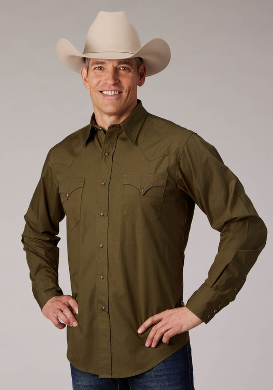 Roper Mens Long Sleeve Snap Solid Poplin Cocoa Western Shirt