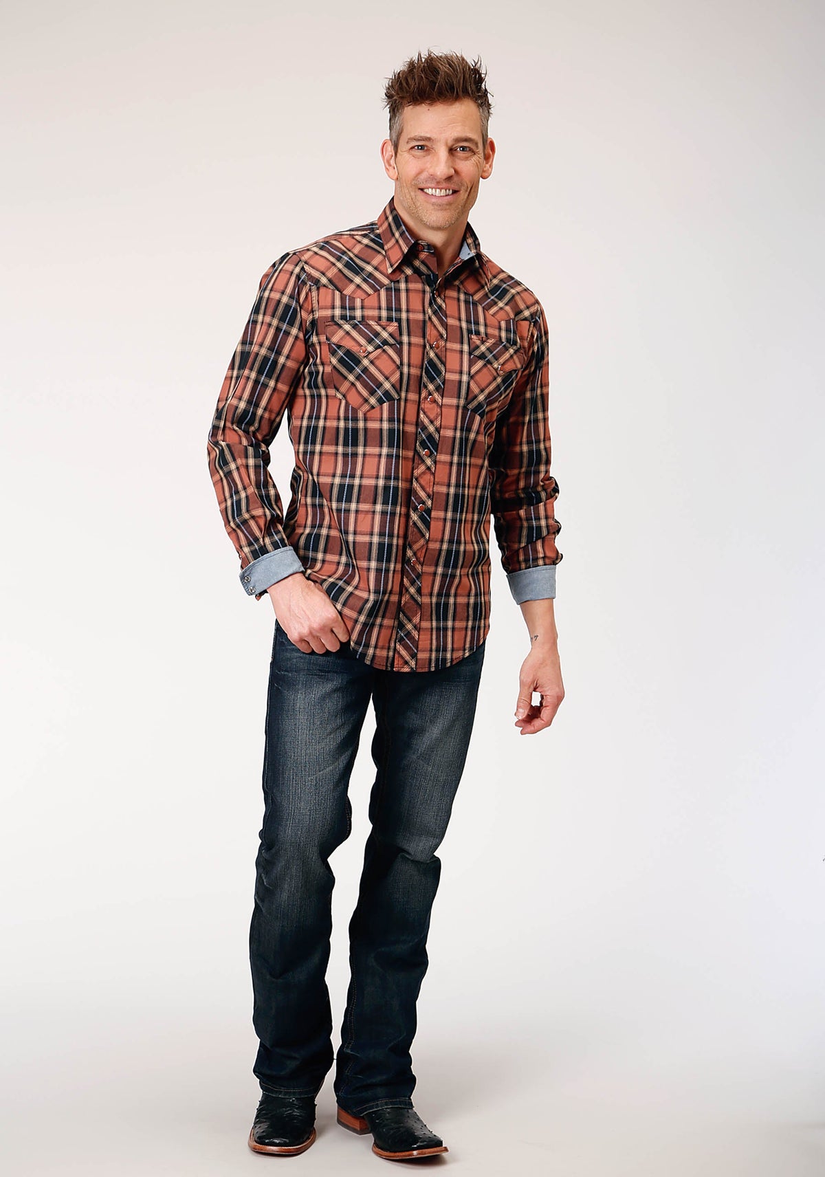 Roper Mens Long Sleeve Snap Arrow Dobby Plaid Western Shirt