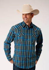 Roper Mens Long Sleeve Snap Diamond Dobby Plaid Western Shirt