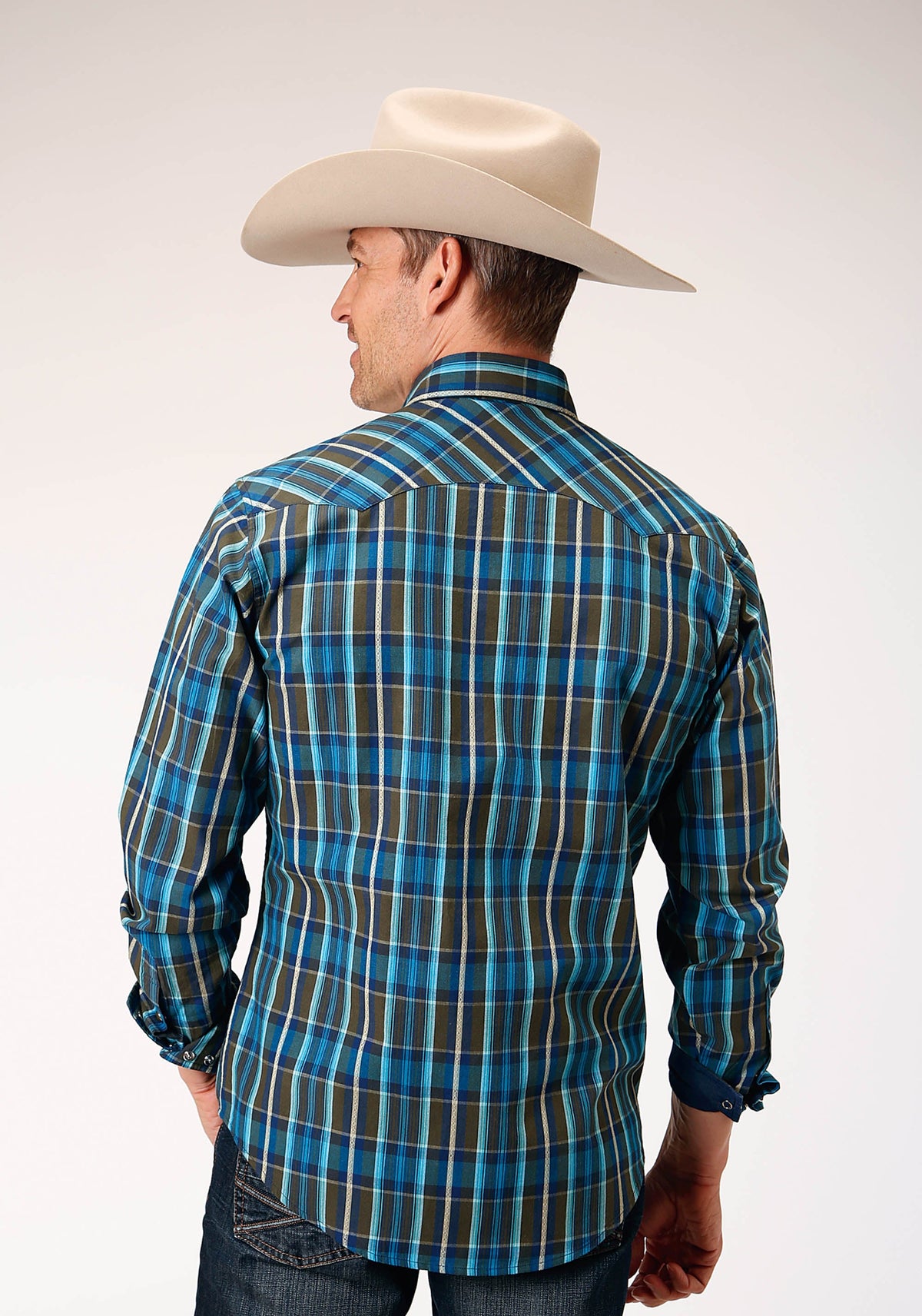 Roper Mens Long Sleeve Snap Diamond Dobby Plaid Western Shirt