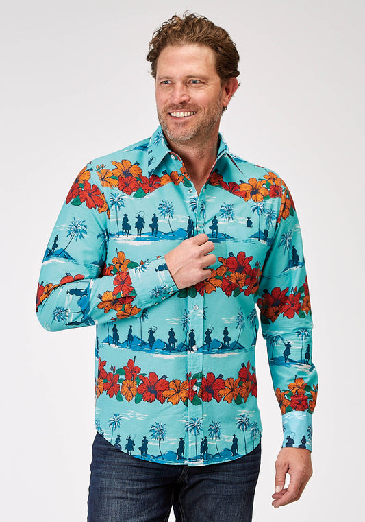 Roper Mens Long Sleeve Snap Hawaiian Print Western Shirt