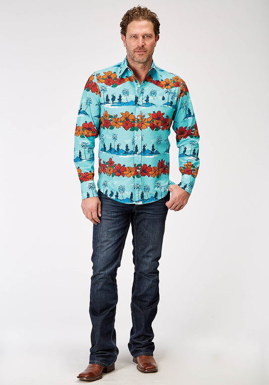 Roper Mens Long Sleeve Snap Hawaiian Print Western Shirt