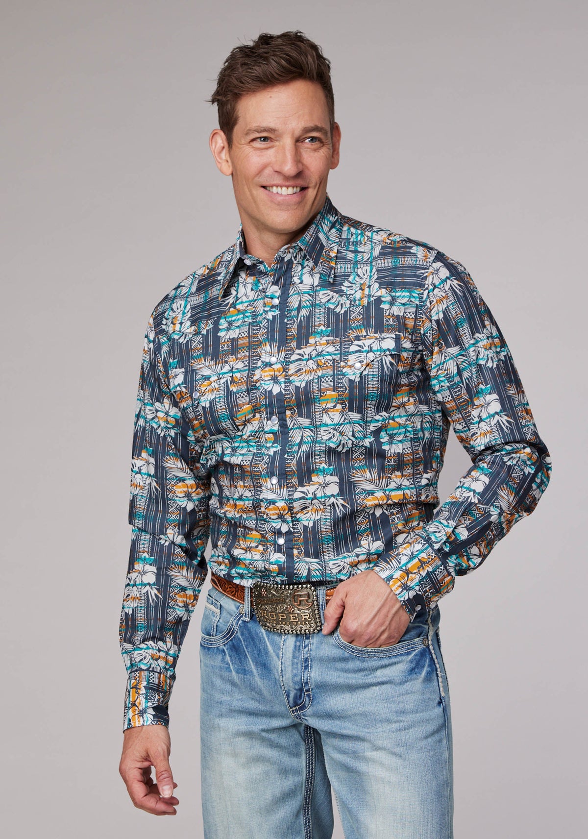 Roper Mens Long Sleeve Snap Distressed Tropical Print Western Shirt