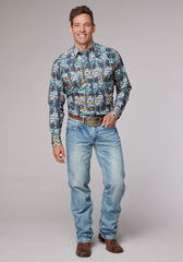 Roper Mens Long Sleeve Snap Distressed Tropical Print Western Shirt