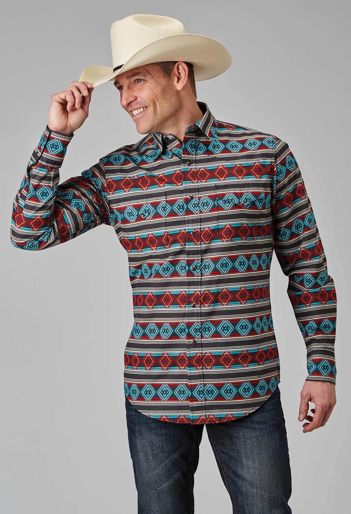 Roper Mens Long Sleeve Snap Aztec Stripe Print Western Shirt