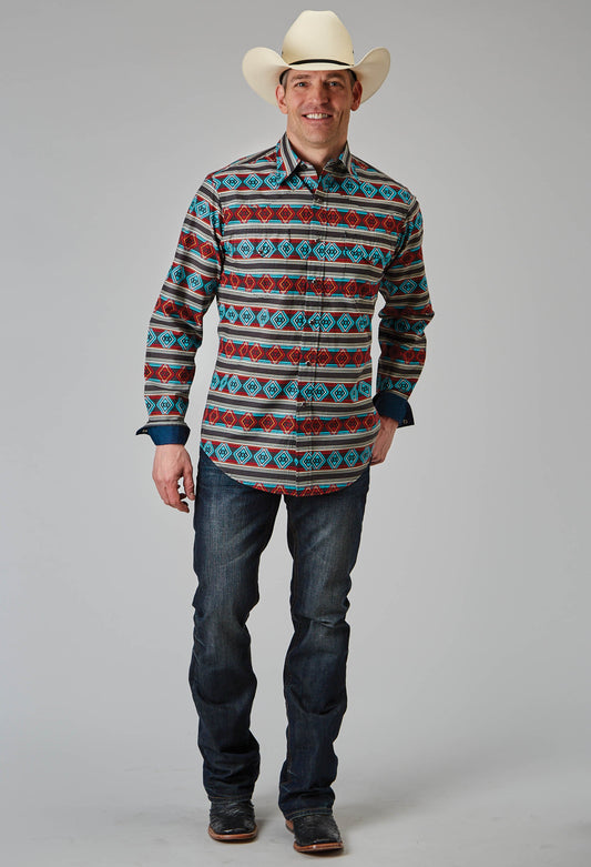 Roper Mens Long Sleeve Snap Aztec Stripe Print Western Shirt