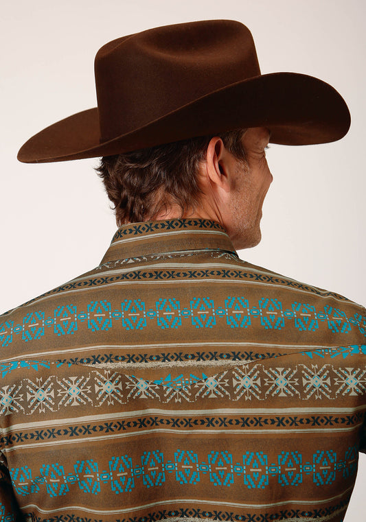 Roper Mens Long Sleeve Snap Clay Aztec Print Western Shirt