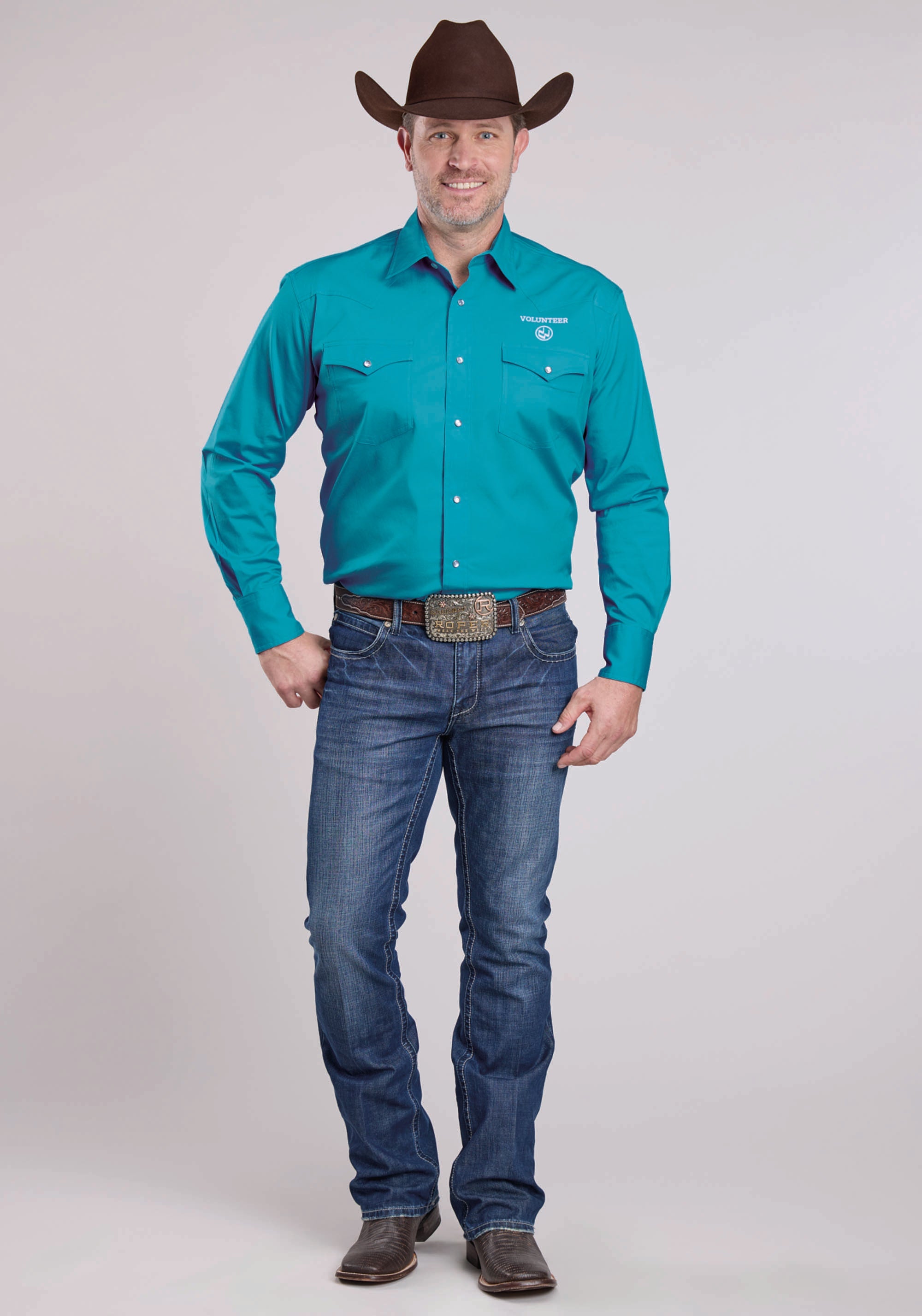 Roper Men's Long Sleeve Shirt * Snap Front * 1 Point Back Yoke *  1 Point Front Yokes*  2 One Point Pockets Flaps * 3 Snap Cuff* Embroidery Detail On Front And Back