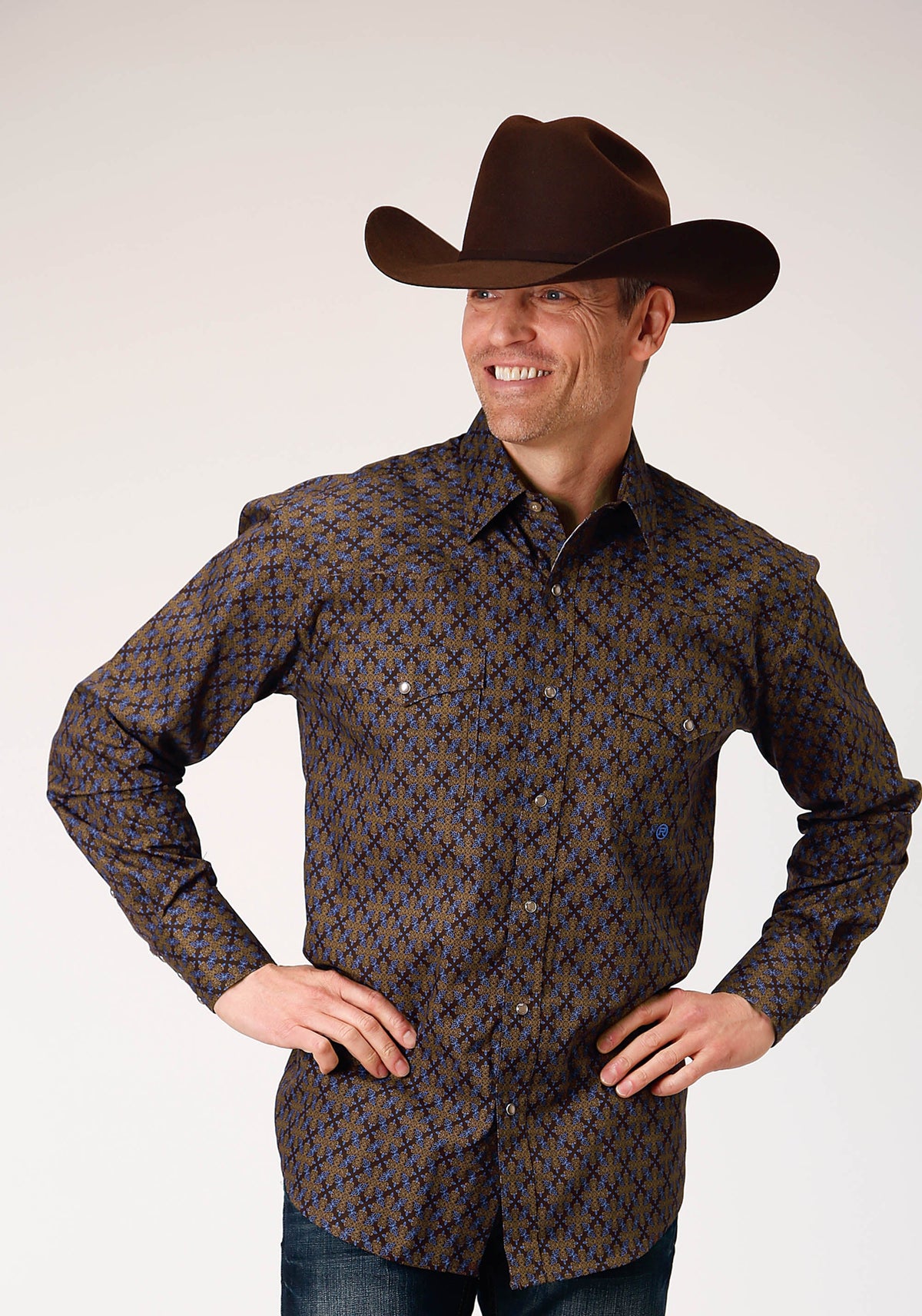 Roper Mens Long Sleeve Snap Diamond Medallion Western Shirt