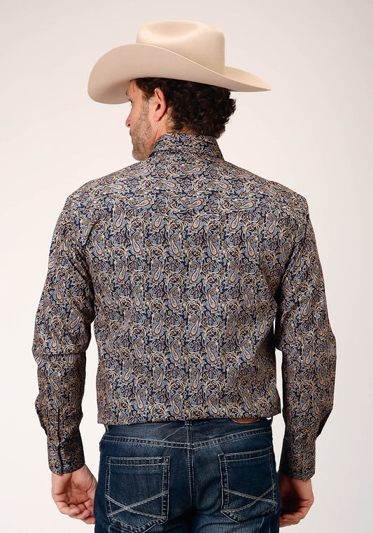 Camisa vaquera vintage con estampado paisley y manga larga a presión para hombre de Roper