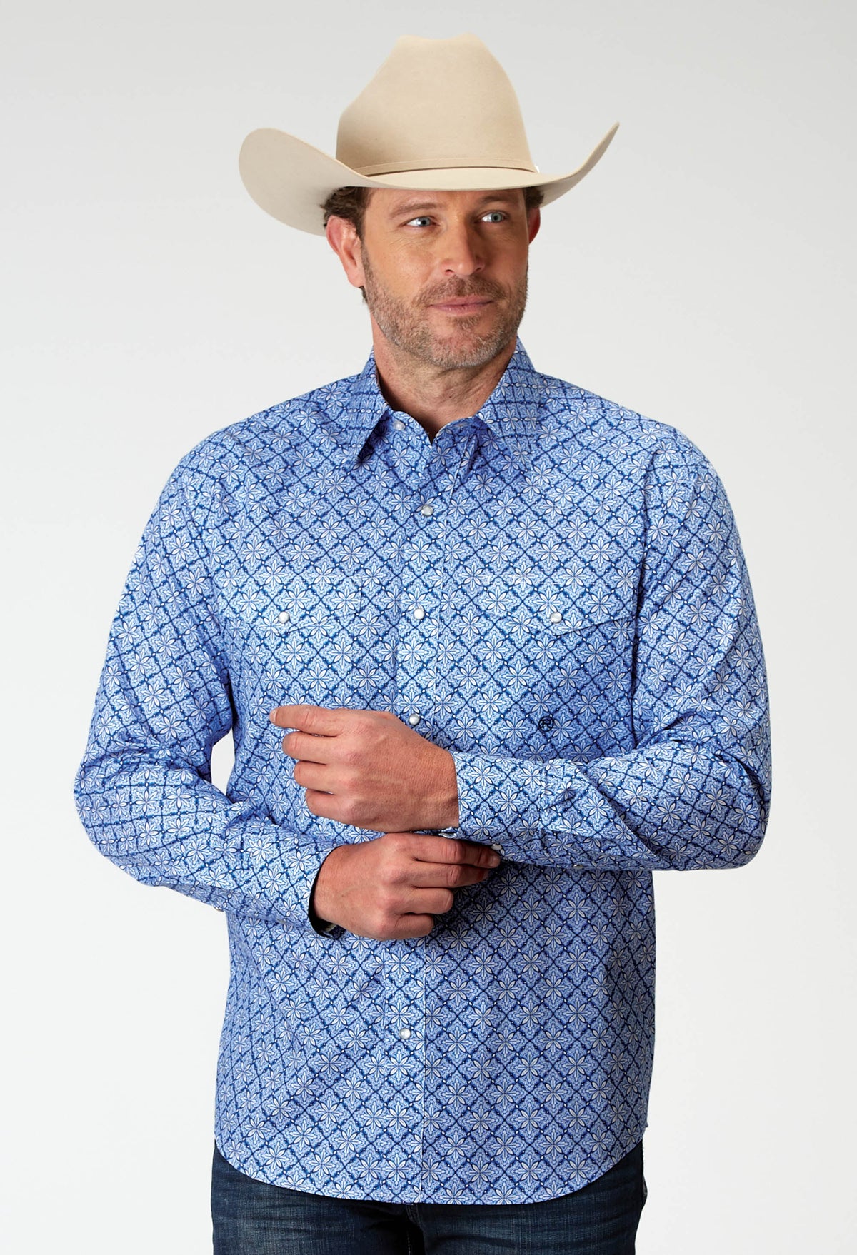 Roper Mens Long Sleeve Snap Blue Skies Tie Print Western Shirt