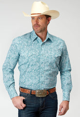 Roper Mens Long Sleeve Snap Stretch Poplin Teal Paisley Western Shirt