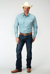 Roper Mens Long Sleeve Snap Stretch Poplin Teal Paisley Western Shirt - Roper