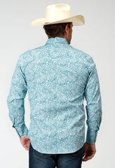 Roper Mens Long Sleeve Snap Stretch Poplin Teal Paisley Western Shirt - Roper