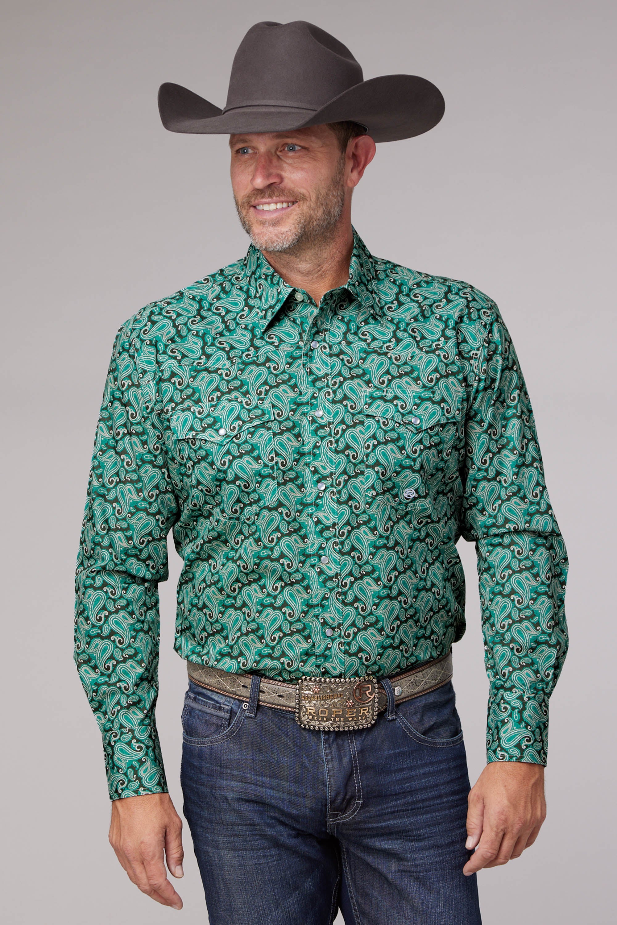 Roper Mens Long Sleeve Snap Jade Paisley Western Shirt