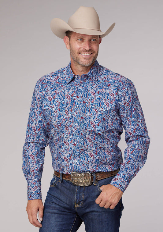 Roper Mens Long Sleeve Snap Blue River Paisley Western Shirt