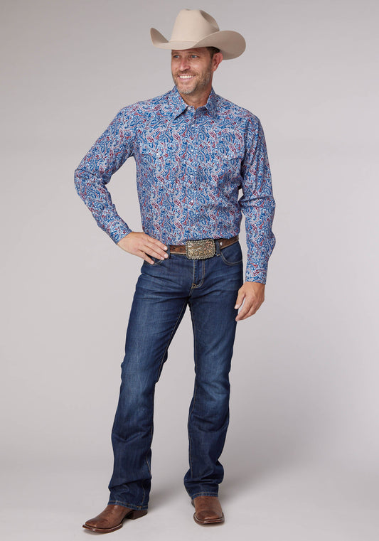 Roper Mens Long Sleeve Snap Blue River Paisley Western Shirt