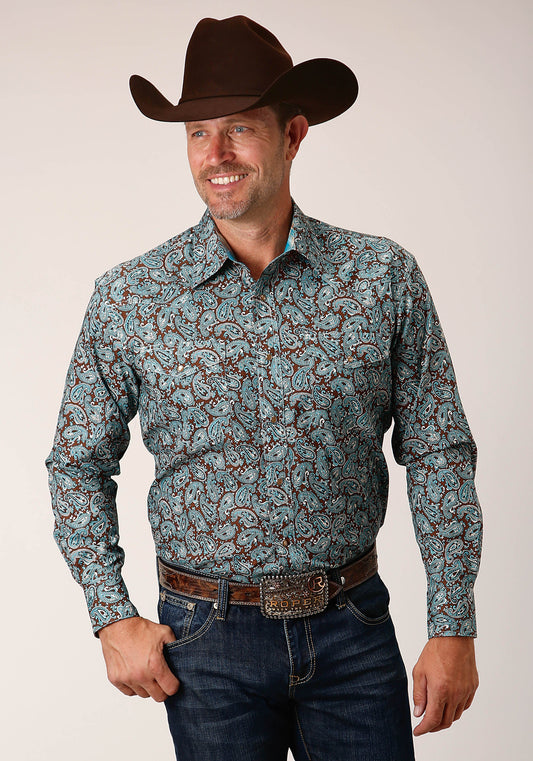 Roper Mens Long Sleeve Snap Turquoise Mine Paisley Western Shirt