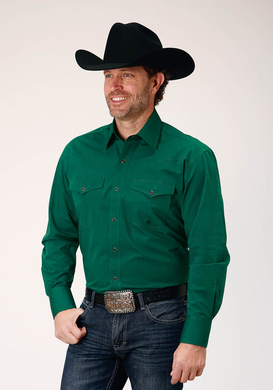 Roper Mens Long Sleeve Snap Black Fill Solid Green Western Shirt