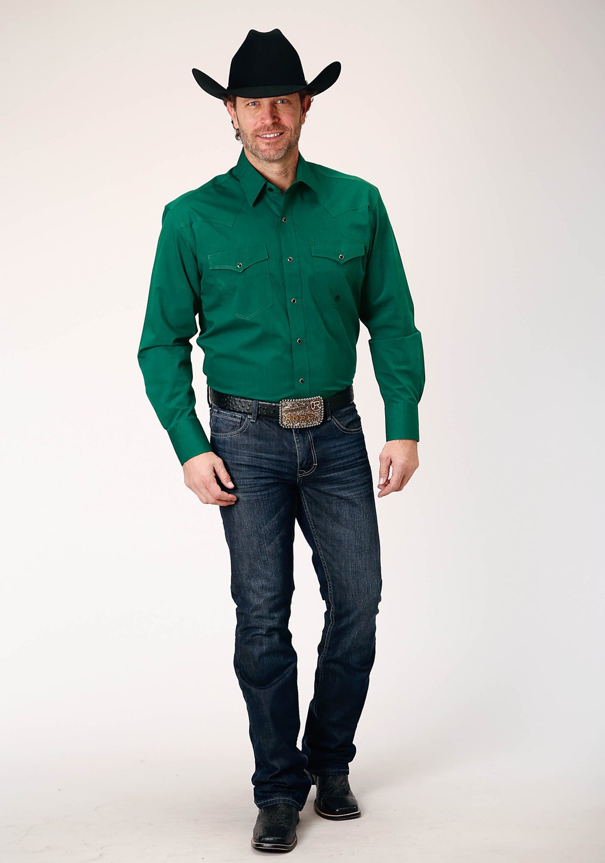 Roper Mens Long Sleeve Snap Black Fill Solid Green Western Shirt