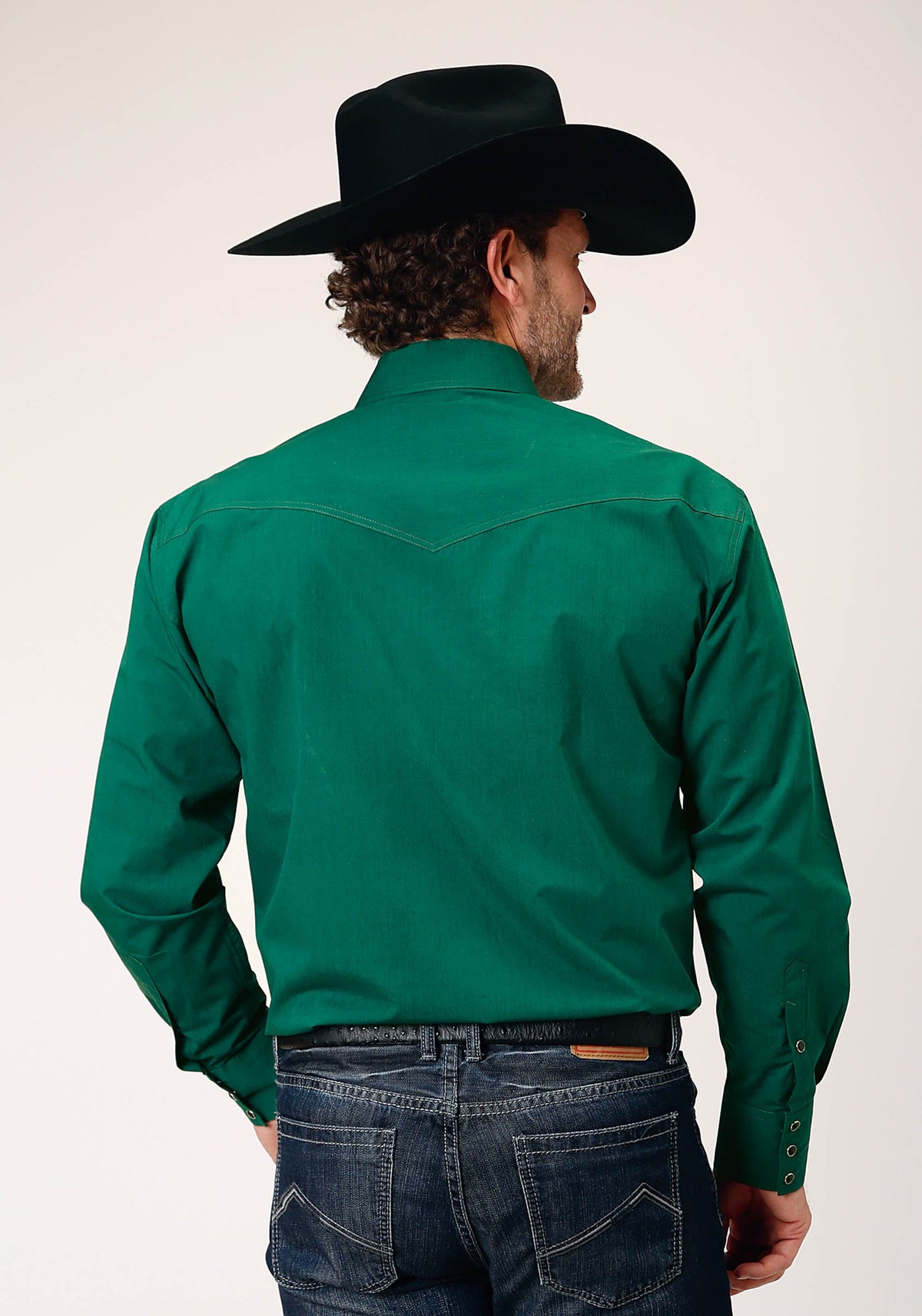 Roper Mens Long Sleeve Snap Black Fill Solid Green Western Shirt