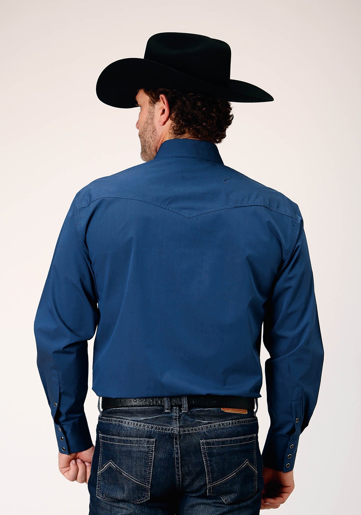 Roper Mens Long Sleeve Snap Black Fill Solid Blue Western Shirt