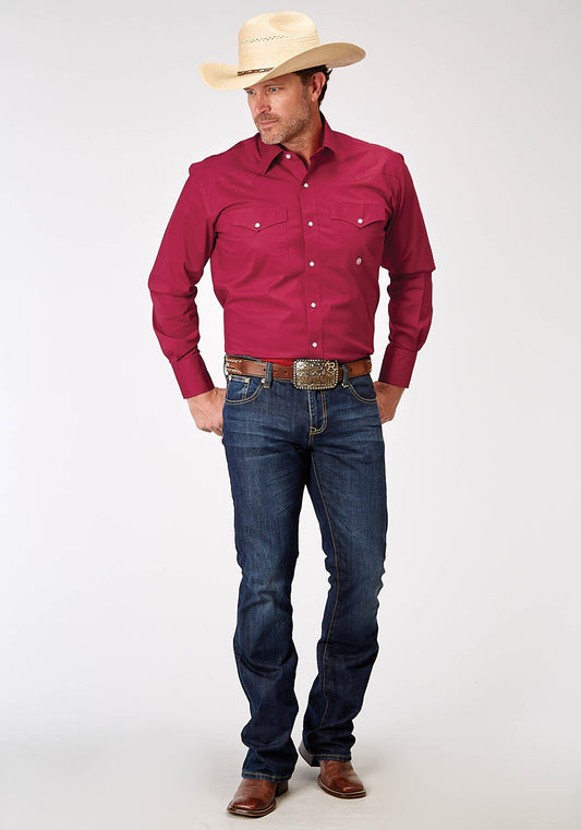 Roper Mens Long Sleeve Snap Solid Poplin Stretch Red Western Shirt