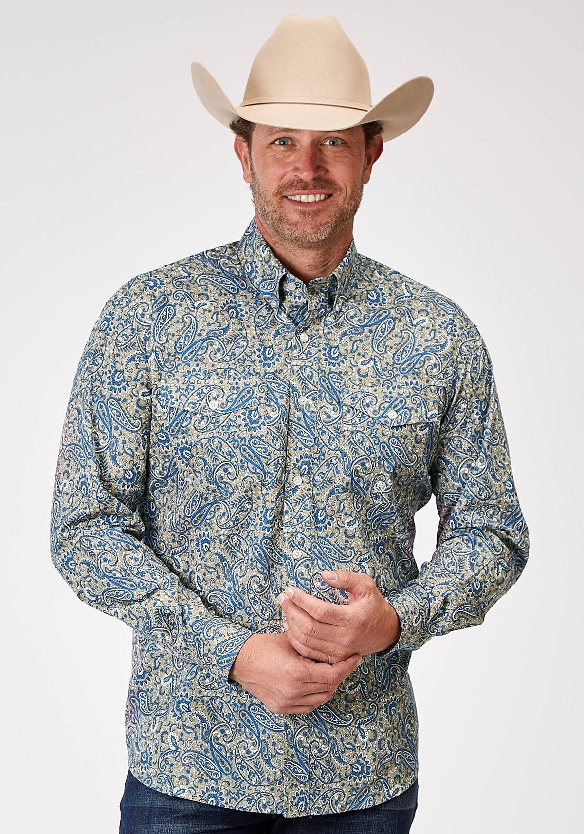 Roper Mens Long Sleeve Button Delft Paisley Western Shirt