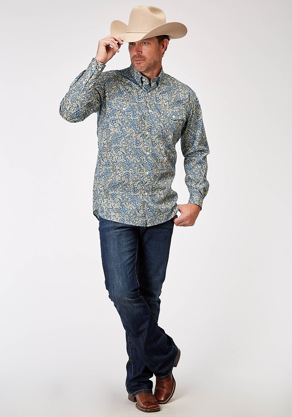 Roper Mens Long Sleeve Button Delft Paisley Western Shirt