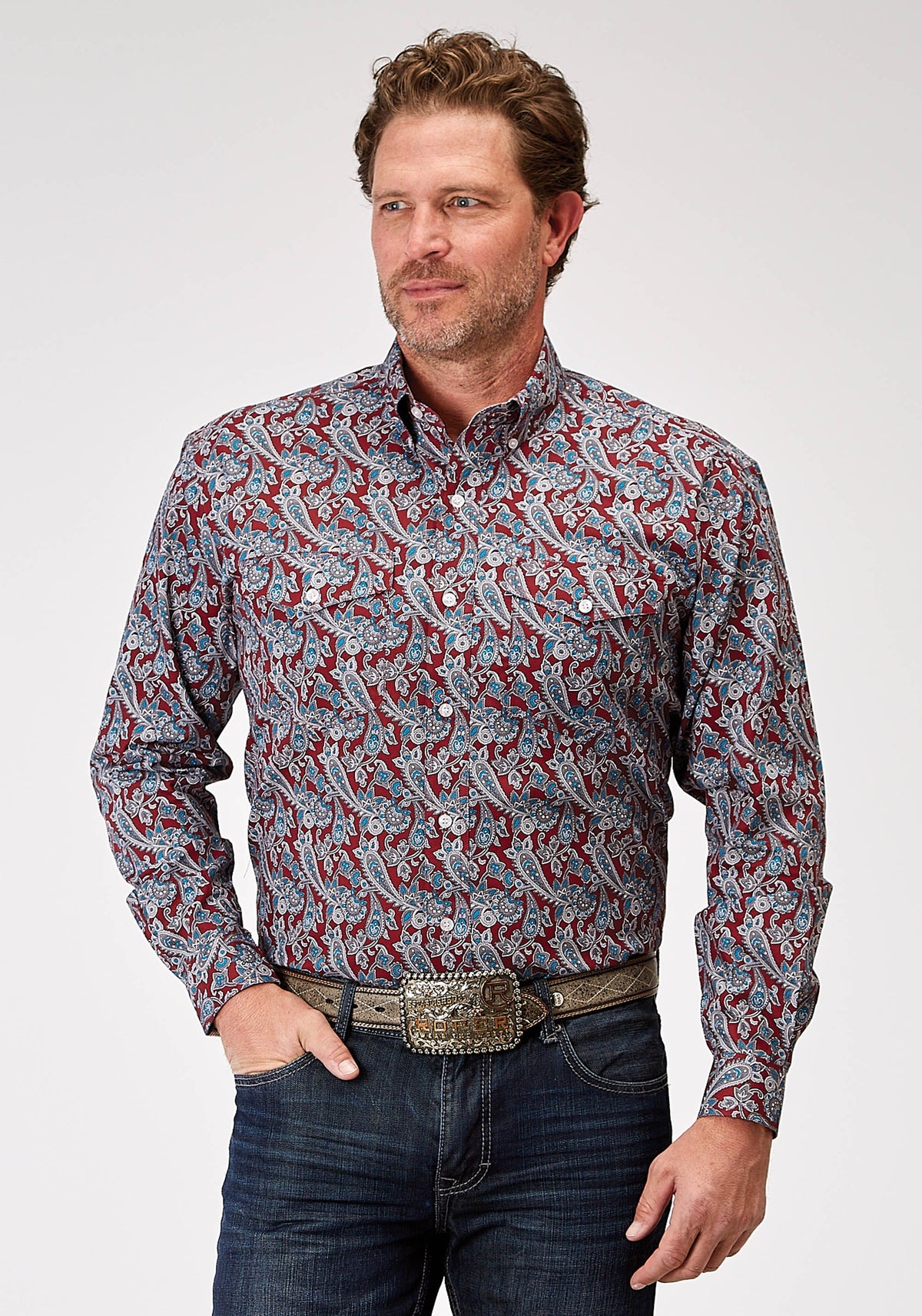 Roper Mens Long Sleeve Button Red River Paisley Western Shirt