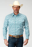 Roper Mens Long Sleeve Button Stretch Poplin Teal Paisley Western Shirt