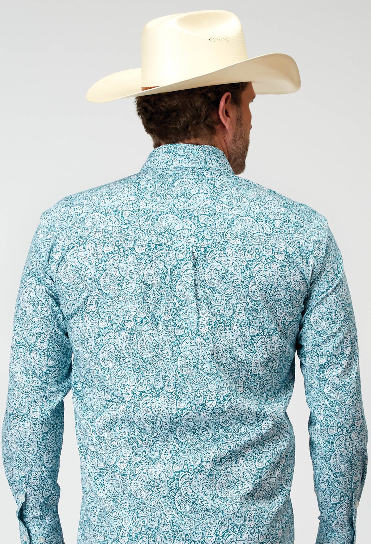 Roper Mens Long Sleeve Button Stretch Poplin Teal Paisley Western Shirt