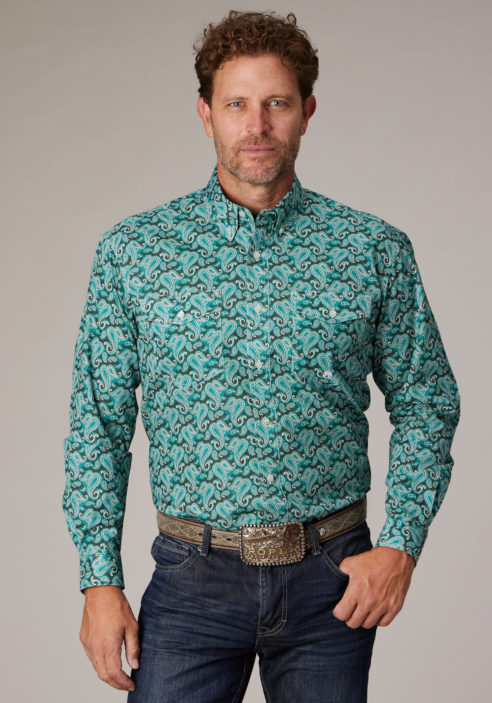 Roper Mens Long Sleeve Button Jade Paisley Western Shirt - Roper