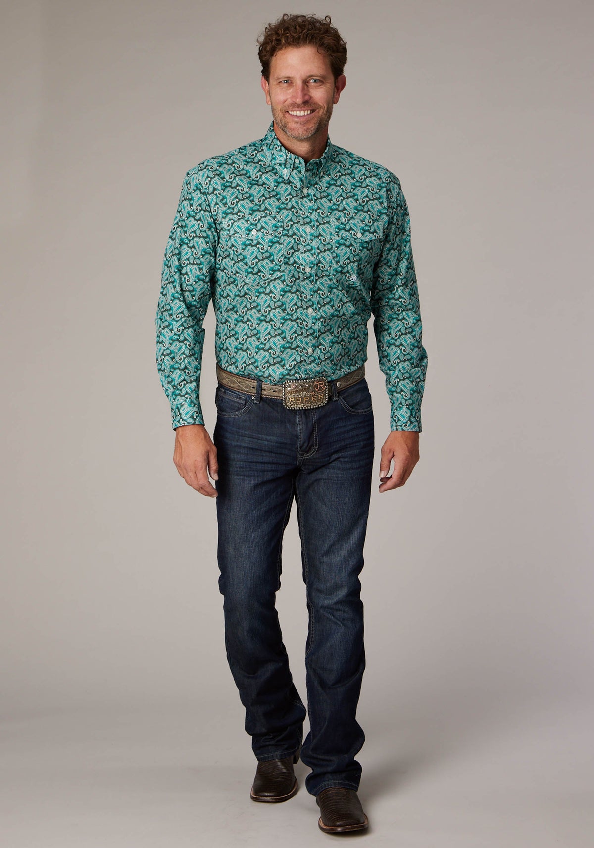 Roper Mens Long Sleeve Button Jade Paisley Western Shirt