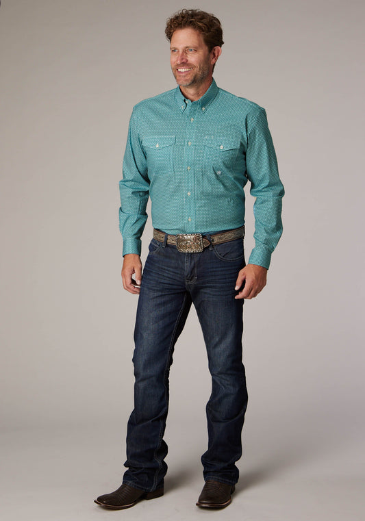 Roper Mens Long Sleeve Button Stretch Neat Teal Western Shirt