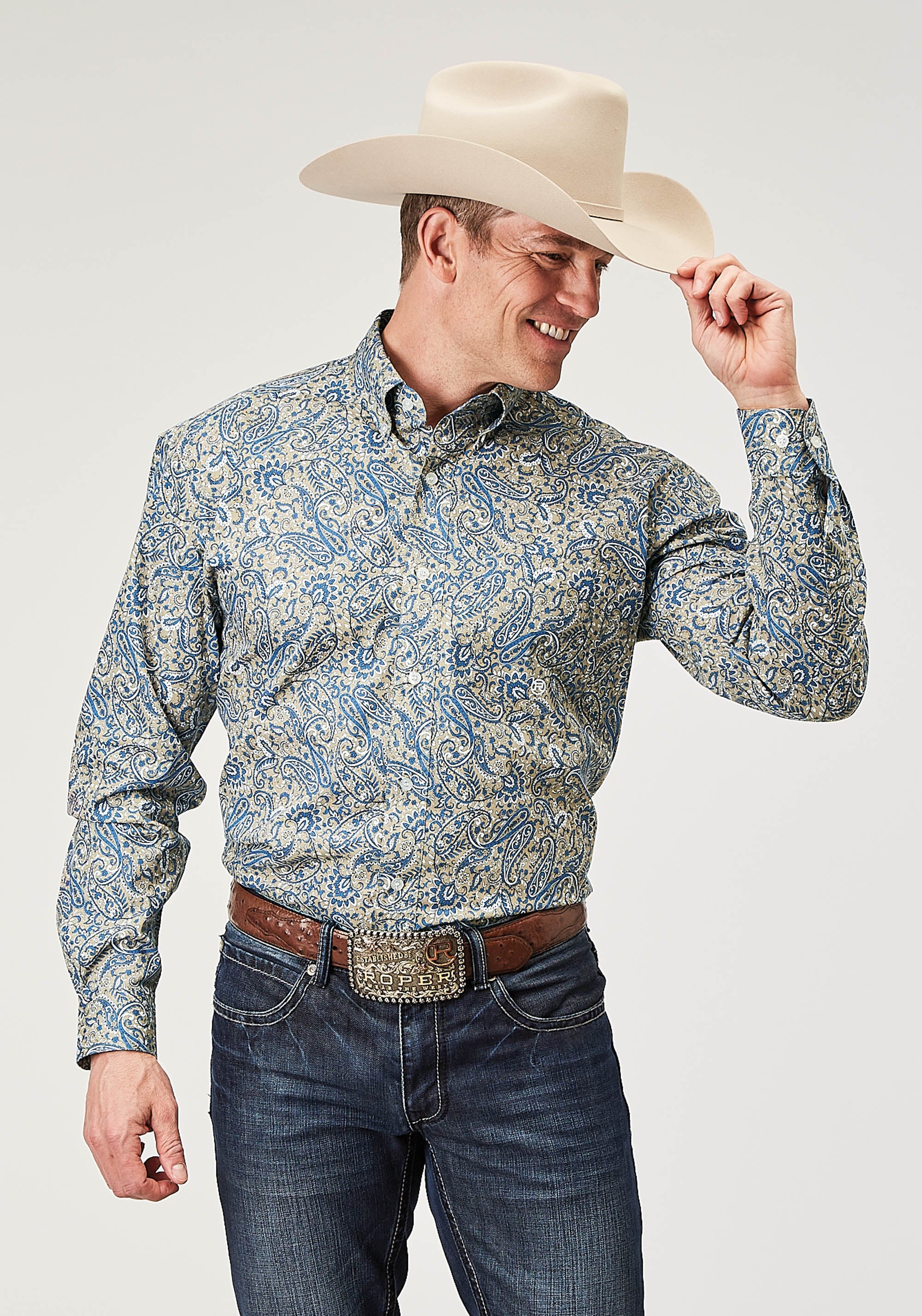 Roper Mens Long Sleeve Button Delft Paisley Western Shirt