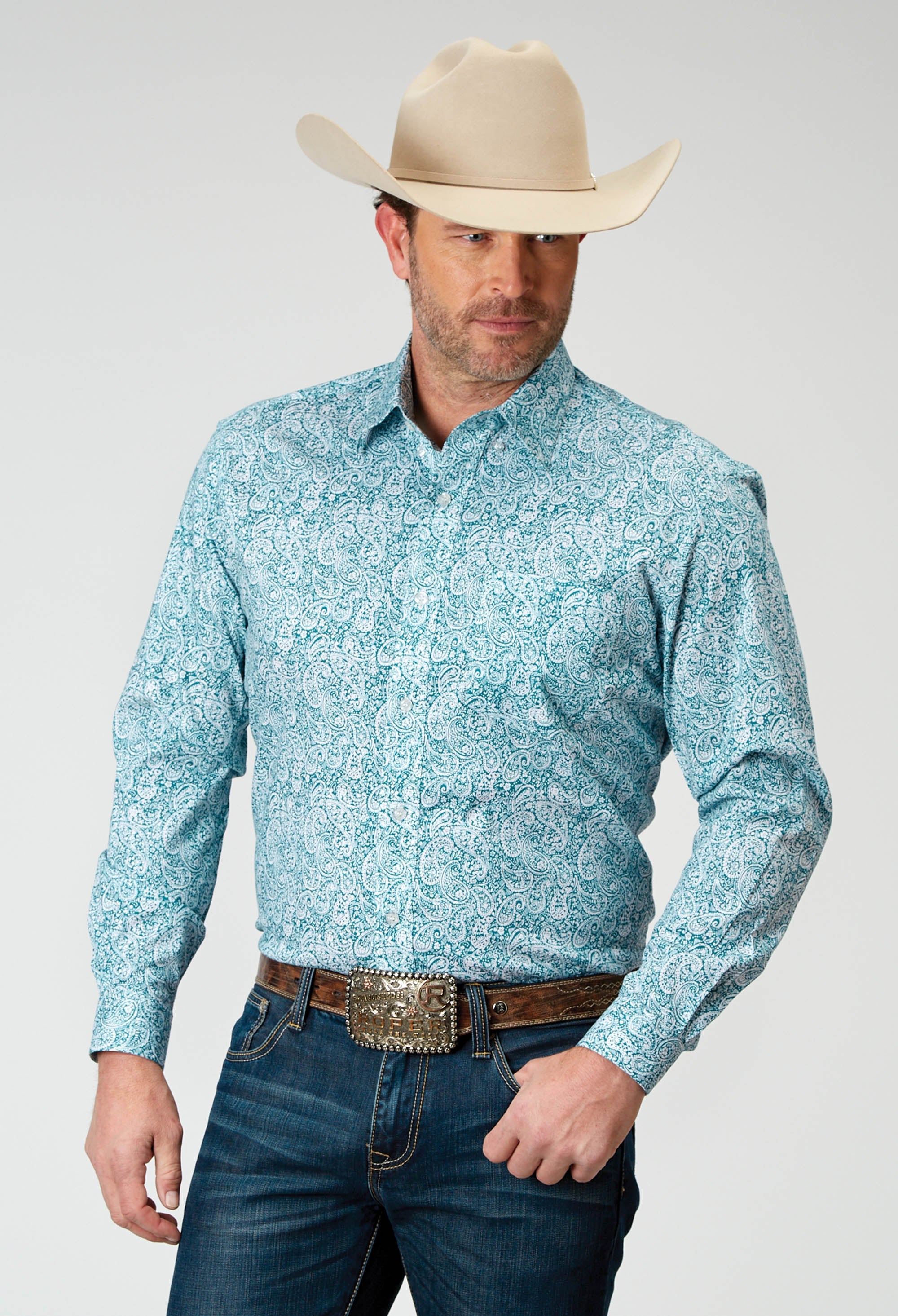 Roper Mens Long Sleeve Button Stretch Poplin Teal Paisley Western Shirt