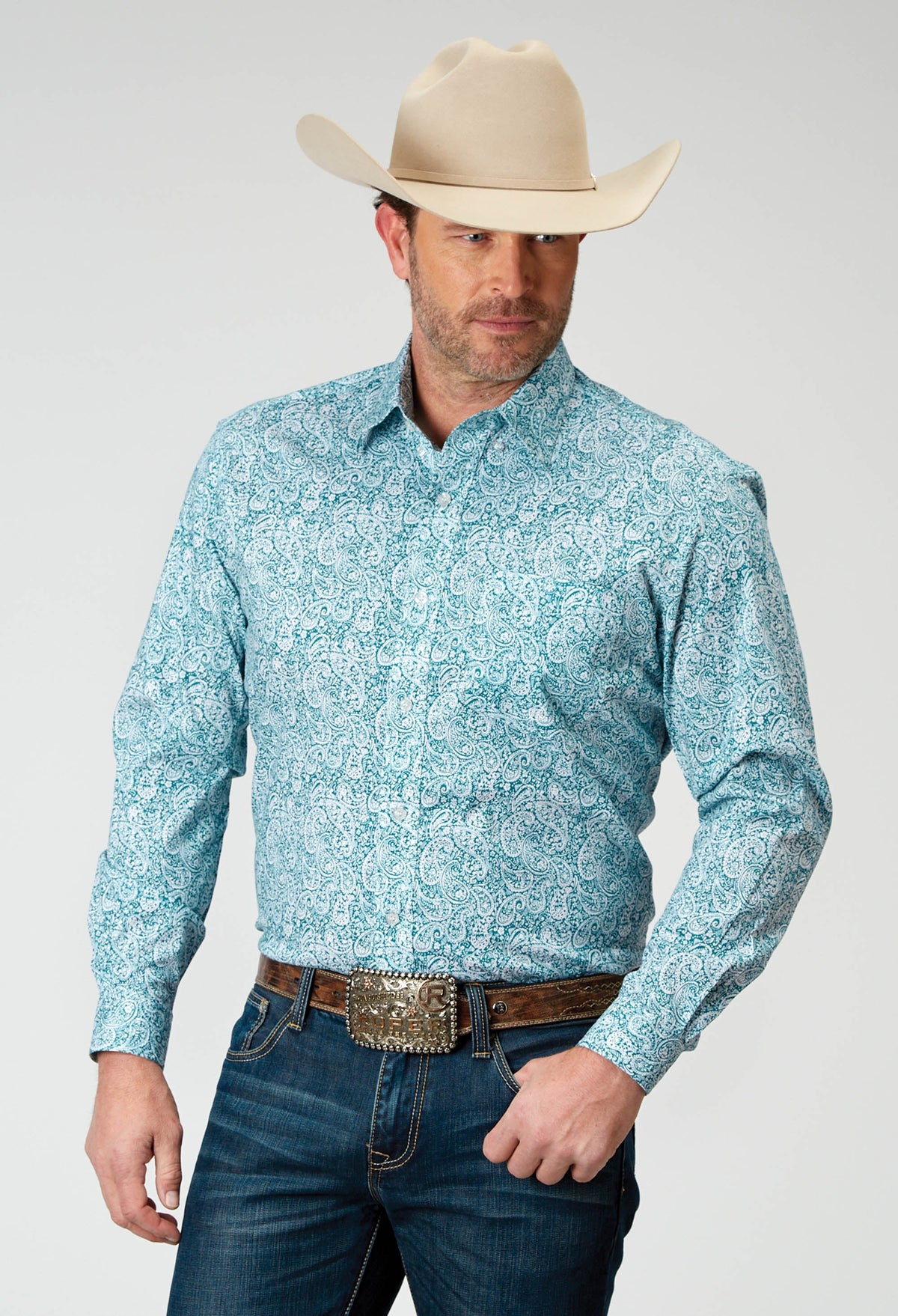 Roper Mens Long Sleeve Button Stretch Poplin Teal Paisley Western Shirt