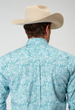 Roper Mens Long Sleeve Button Stretch Poplin Teal Paisley Western Shirt