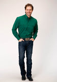 Roper Mens Long Sleeve Button Black Fill Solid Green Western Shirt