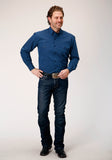 Roper Mens Long Sleeve Button Black Fill Solid Blue Western Shirt