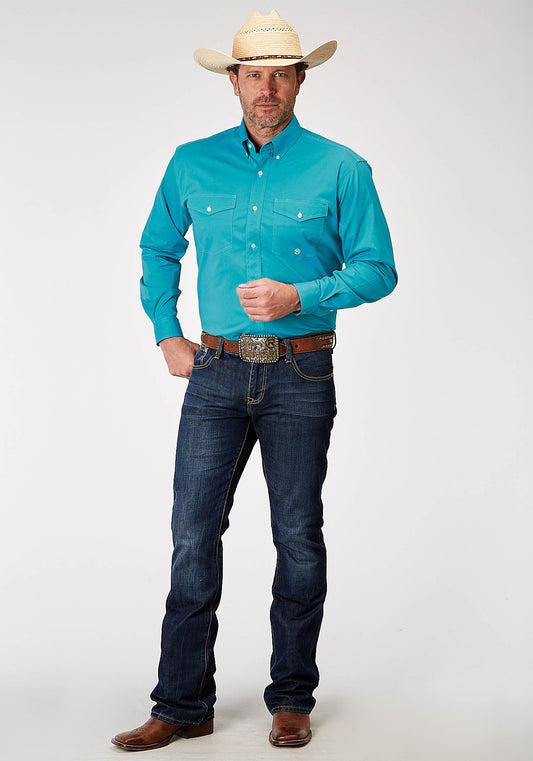 Roper Mens Long Sleeve Button Solid Poplin Stretch Turquoise Western Shirt