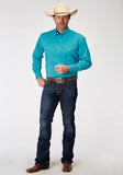 Roper Mens Long Sleeve Button Solid Poplin Stretch Turquoise Western Shirt