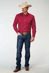 Roper Mens Long Sleeve Button Solid Poplin Stretch Red Western Shirt