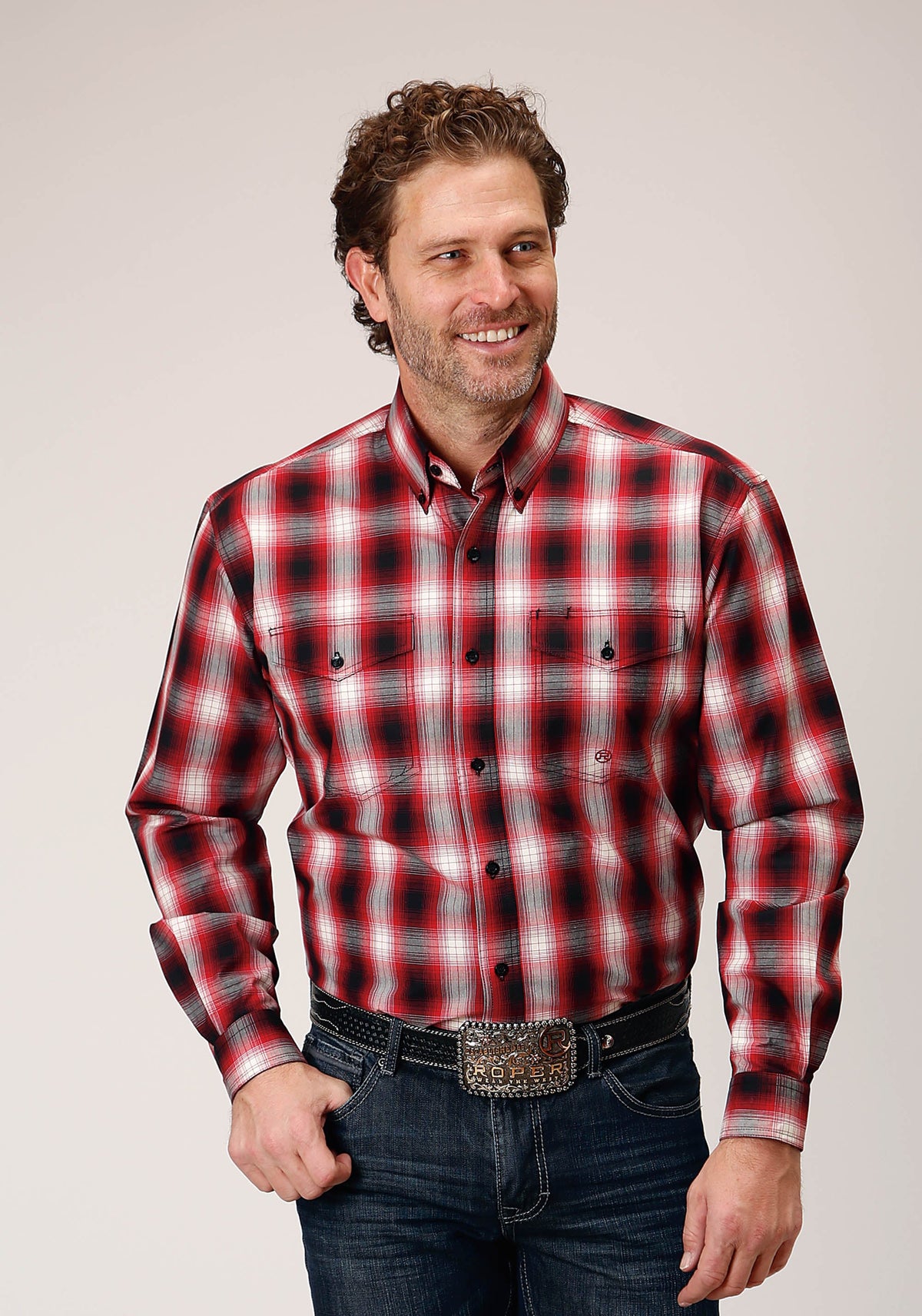 Roper Mens Long Sleeve Button Basic Red Plaid Western Shirt