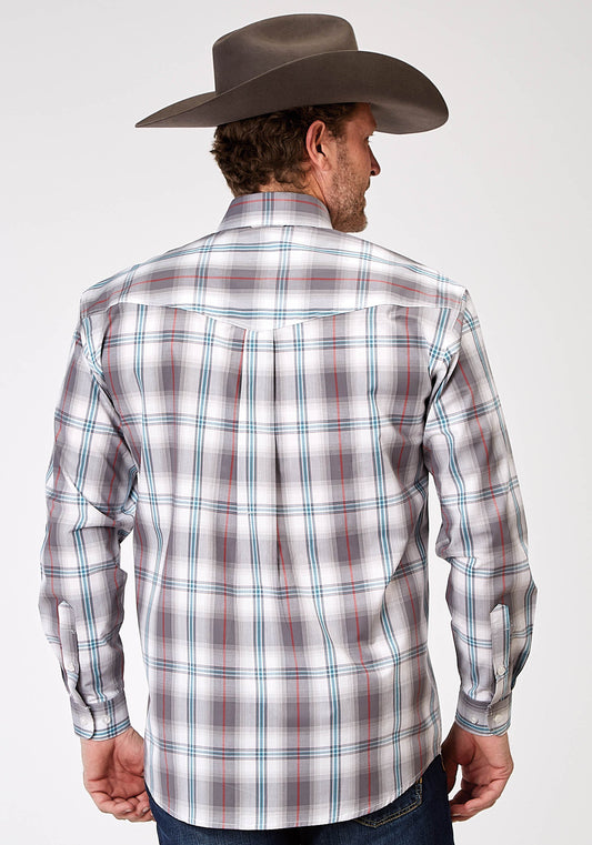 Roper Mens Long Sleeve Button Gray Cloud Plaid Western Shirt