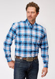 Roper Mens Long Sleeve Button Stretch Poplin Blue Plaid Western Shirt