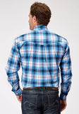 Roper Mens Long Sleeve Button Stretch Poplin Blue Plaid Western Shirt