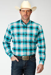 Roper Mens Long Sleeve Button Stretch Poplin Turquoise Plaid Western Shirt